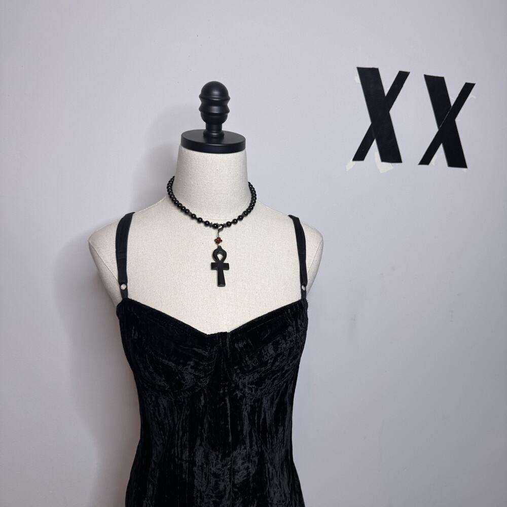 Vintage TRIPP NYC Black Velvet Mini Dress Goth Club Original Rocket Label RARE S - Picture 2 of 11